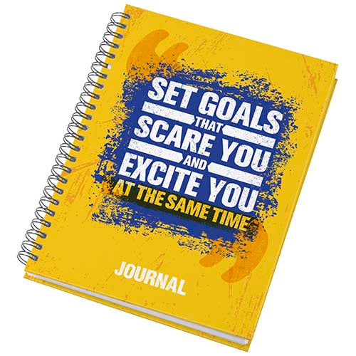 Gelbes Desk-Mate® A5 Hardcover Journal mit Spiralbindung, individuell bedruckbar, Signalshop.de Werbeartikel.