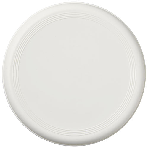 Weißer recycelter Frisbee aus Kunststoff, individuell bedruckbar, erhältlich bei Signalshop.de als Werbeartikel.