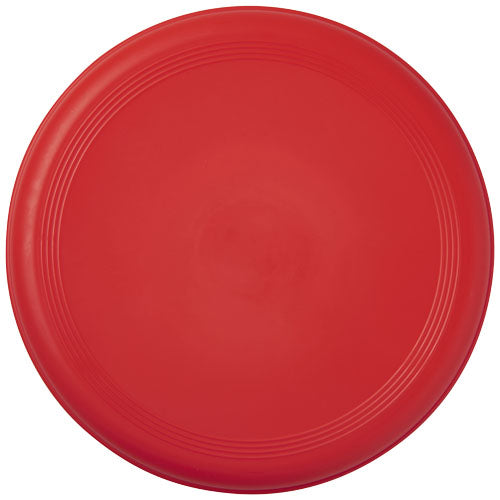 Roter, recycelter Frisbee aus Kunststoff, individuell mit Logo bedruckbar, Signalshop.de Werbeartikel.