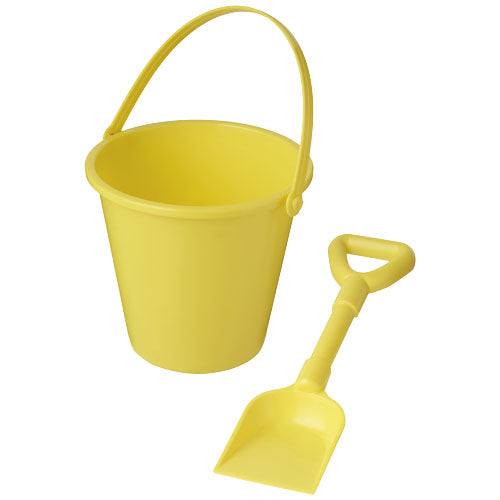 Gelber recycelter Strandeimer und Spaten, individuell bedruckbar, Werbeartikel von Signalshop.de.