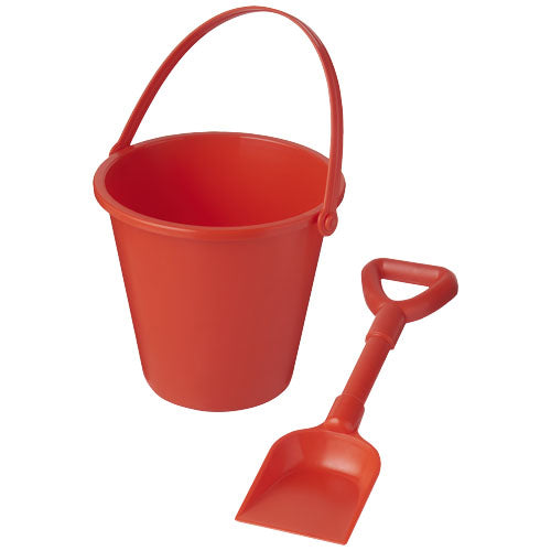 Roter recycelter Strandeimer und Spaten, individuell bedruckbar, von Signalshop.de. Werbeartikel, Werbegeschenke, Werbemittel, Giveaway.