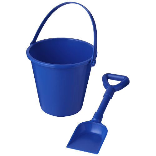 Blauer recycelter Strandeimer und Spaten von Signalshop.de, individuell gestaltbar, Werbeartikel, nachhaltig.