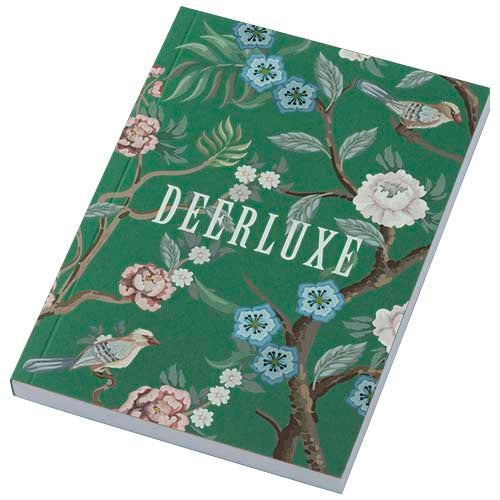 Grünes A6 Notizbuch mit floralem Muster, individuell gestaltbar, erhältlich bei Signalshop.de als Werbeartikel.
