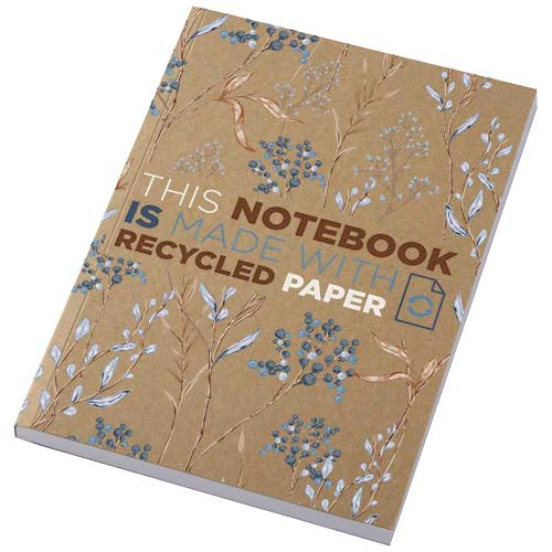 Novella Austen A5 Notizbuch aus recyceltem Kraftpapier mit floralem Design, individuell gestaltbar bei Signalshop.de, Werbeartikel.