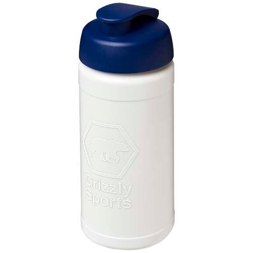 Weiße Baseline Rise 500 ml Sportflasche mit blauem Klappdeckel, individuell bedruckbar, Signalshop.de Werbeartikel