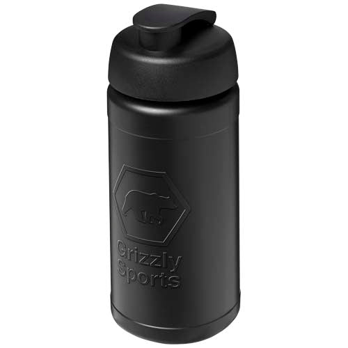 Schwarze 500 ml Sportflasche aus Kunststoff mit Klappdeckel, individuell bedruckbar, von Signalshop.de als Werbeartikel.