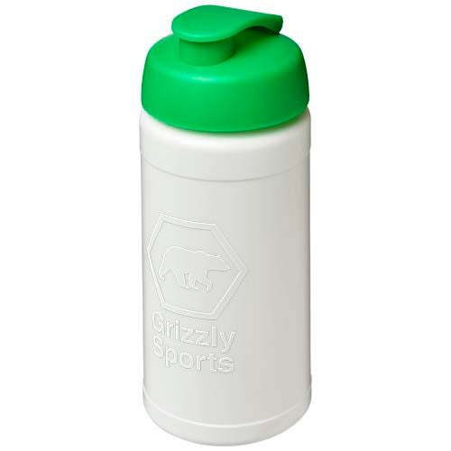 Weiße Sportflasche mit grünem Klappdeckel, individuell bedruckbar, erhältlich bei Signalshop.de, ideal als Werbeartikel.