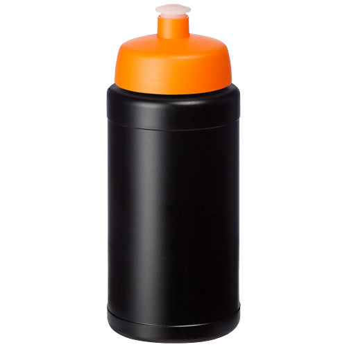 Schwarze, recycelte Sportflasche, 500 ml, orange Deckel, individuell mit Logo bedruckbar, Signalshop.de Werbeartikel