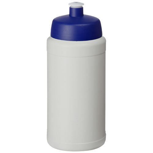 Weiße recycelte Sportflasche 500 ml mit blauem Deckel, individuell bedruckbar, von Signalshop.de, Werbeartikel.