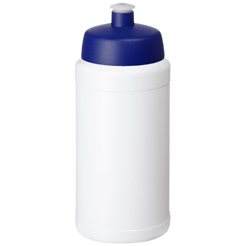 Weiße recycelte Sportflasche 500 ml mit blauem Deckel, individuell bedruckbar, Signalshop.de Werbeartikel