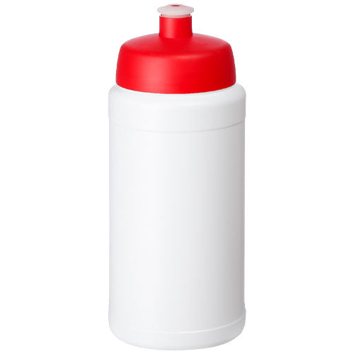 Weiße recycelte Sportflasche 500 ml mit rotem Deckel, individuell bedruckbar. Signalshop.de Werbeartikel Giveaway.