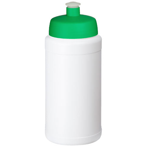 Weiße, recycelte Sportflasche 500 ml mit grünem Deckel, individuell bedruckbar, Signalshop.de Werbeartikel.