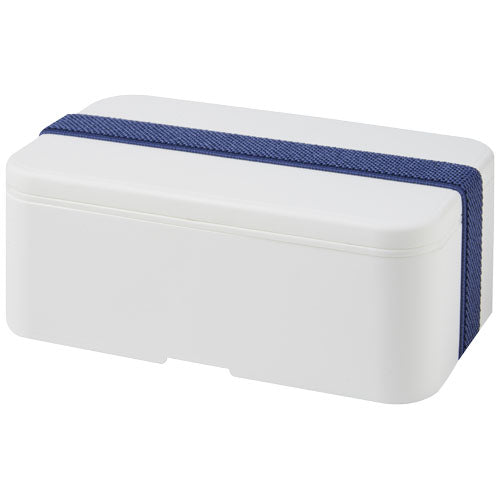 Weiße MIYO Lunchbox aus Kunststoff, rechteckig, mit blauem Band, individuell bedruckbar bei Signalshop.de. Keywords: Werbeartikel, Werbegeschenke, Werbemittel, Giveaway.