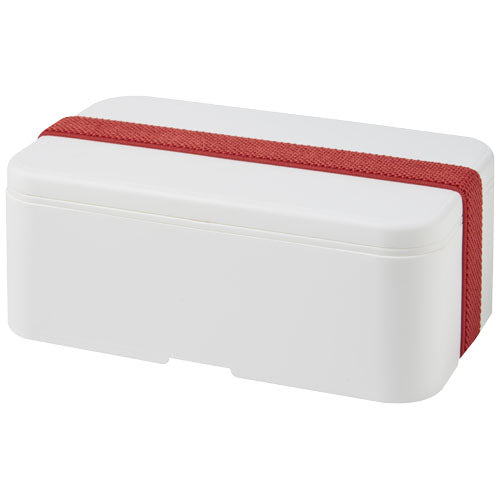 Weiße MIYO Lunchbox aus Kunststoff mit rotem Band, individualisierbar mit Logo, Signalshop.de Werbeartikel.
