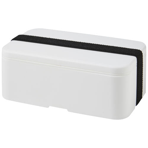 Weiße MIYO Lunchbox aus Kunststoff mit schwarzem Band, individuell gestaltbar bei Signalshop.de, ideal als Werbeartikel.