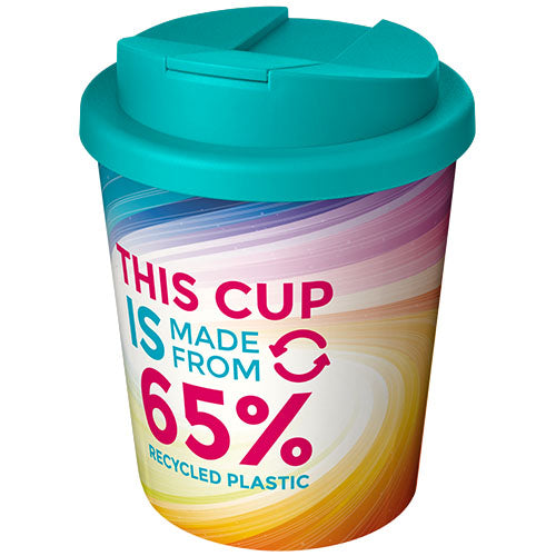 Brite-Americano Espresso Eco Becher aus recyceltem Plastik mit Logo, Signalshop.de Werbeartikel, individuell gestaltbar.