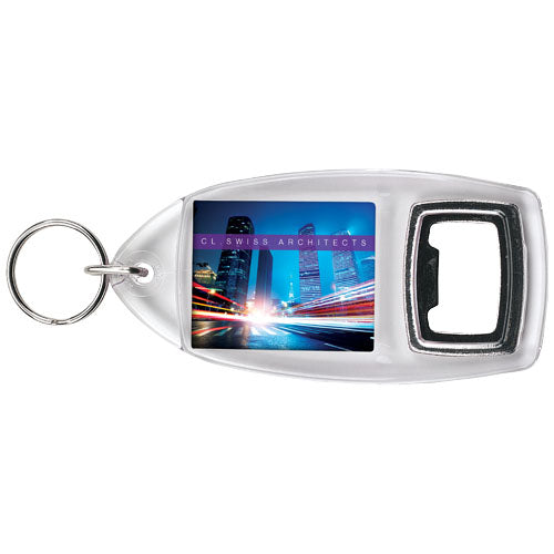 Jibe R1 Flaschenöffner Schlüsselanhänger mit Fotoeinschub, transparent, personalisierbar, Signalshop.de Werbeartikel.