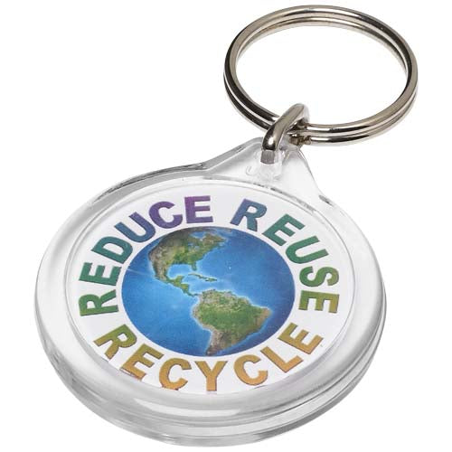 Transparenter runder Schlüsselanhänger mit Recycling-Motiv, individuell gestaltbar, Signalshop.de Werbeartikel.