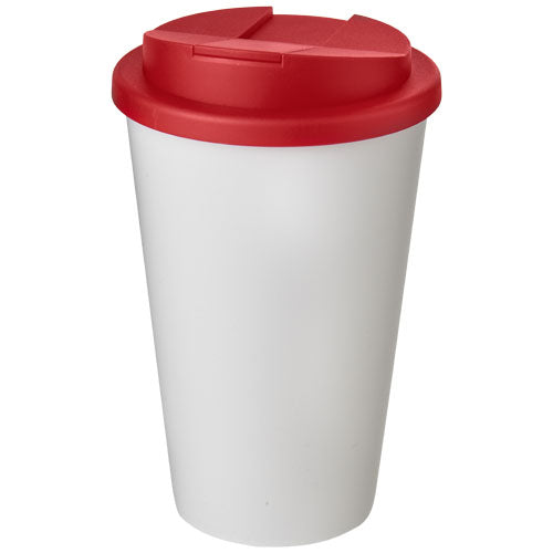 Weißer Americano® 350 ml Isolierbecher mit rotem, auslaufsicherem Schraubverschluss, individuell gestaltbar, erhältlich bei Signalshop.de, ideal als Werbeartikel, Werbegeschenk oder Werbemittel.