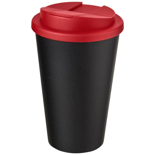 Schwarzer Americano® Isolierbecher 350 ml mit rotem Schraubverschluss, individuell mit Logo von Signalshop.de bedruckt, ideal als Werbeartikel oder Werbegeschenk.