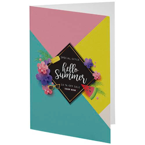 Herald A6 Grußkarte mit buntem Design in Pink, Gelb und Blau, verziert mit Blumen und Sommermotiven, ideal für Einladungen oder Dankeschön.