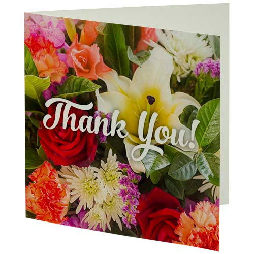 Herald quadratische Grußkarte mit Blumenmotiv und "Thank You"-Aufdruck, individuell gestaltbar bei Signalshop.de, Werbeartikel.