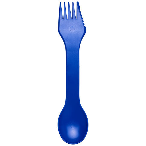 Epsy 3-in-1 Löffel-Gabel-Messer in Blau, mit Logo bedruckt, ideal für Camping. Signalshop.de Werbeartikel.