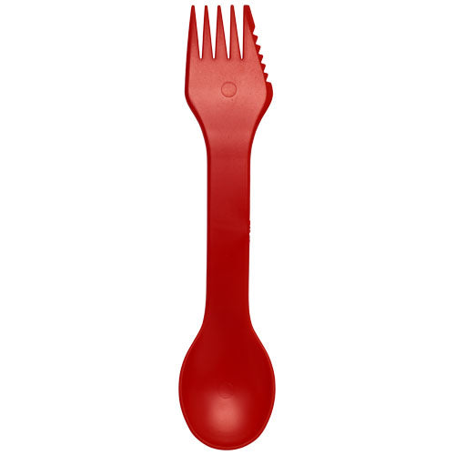 Roter Epsy 3-in-1 Gabel-Löffel aus Kunststoff, individuell mit Logo gestaltbar, ideal für Camping, Signalshop.de Werbeartikel.