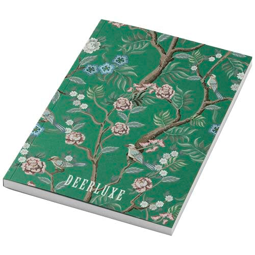 Novella Austen A5 Notizbuch mit floralem Design auf grünem Softcover, individuell bedruckbar, Signalshop.de Werbeartikel.