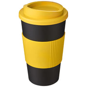 Gelber und schwarzer Americano® 350 ml Isolierbecher mit Schutzring, individuell gestaltbar, auf Signalshop.de.