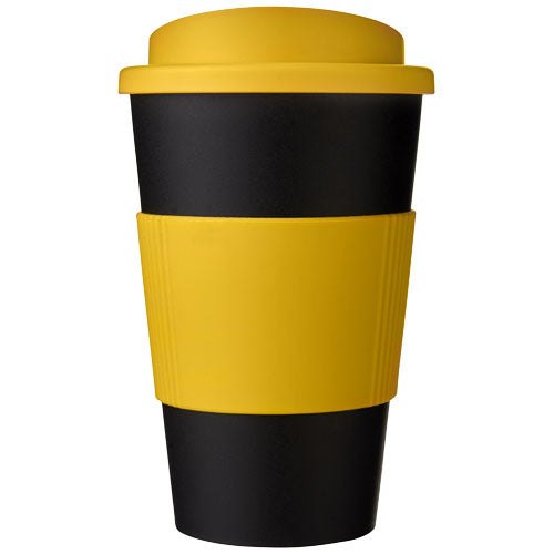 Schwarzer Americano 350 ml Isolierbecher mit gelbem Schutzring, individuell bedruckbar, Signalshop.de Werbeartikel.