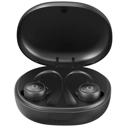 Schwarze Prixton TWS160S Bluetooth-Ohrhörer in Ladebox, individuell gestaltbar, Signalshop.de Werbeartikel