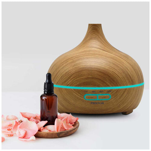 Prixton Hidra Luftbefeuchter in Holzoptik mit Aromaölflasche, individuell bedruckbar, Signalshop.de Werbeartikel.