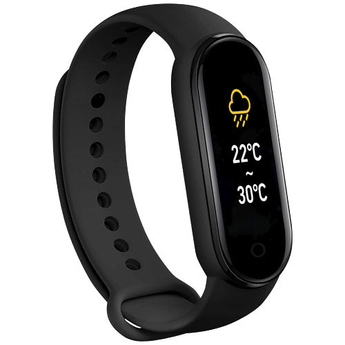 Schwarzes Prixton AT410 Smartband mit Wetteranzeige, individuell gestaltbar, Signalshop.de Werbeartikel.