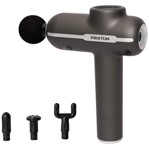 Prixton MGF80 Synergy Massagepistole in Grau mit austauschbaren Aufsätzen, ideal als Werbeartikel bei Signalshop.de.
