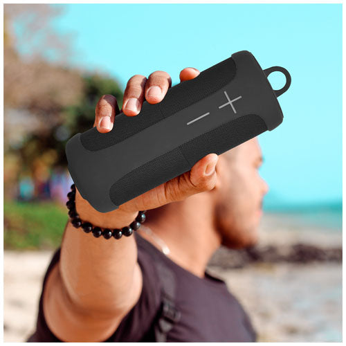 Schwarzer Prixton Aloha Lite Bluetooth® Lautsprecher, individuell bedruckbar, erhältlich bei Signalshop.de für Werbeartikel.
