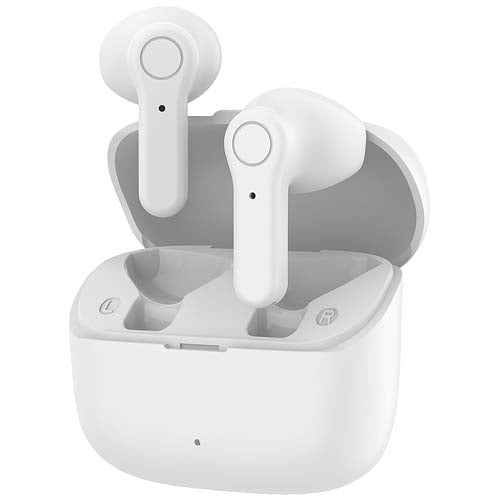 Weiße Prixton TWS155 Bluetooth Ohrhörer in Ladebox, individuell mit Logo gestaltbar bei Signalshop.de, Werbeartikel.