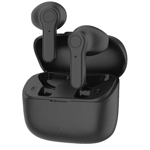Schwarze Prixton TWS155 Bluetooth Ohrhörer mit Ladeetui, individuell gestaltbar, Signalshop.de Werbeartikel.