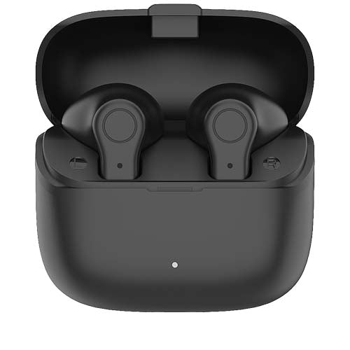 Prixton TWS155 Bluetooth Ohrhörer in schwarzer Ladebox, individuell mit Logo, Signalshop.de Werbeartikel.