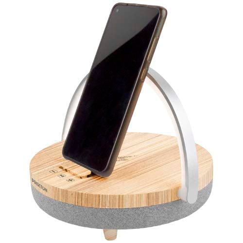 Prixton 4-in-1 Bluetooth-Lautsprecher aus Holz mit LED, kabelloser Ladestation und Handyhalter; Signalshop.de Werbeartikel.