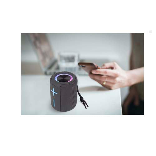 Schwarzer Prixton Beat Box Lautsprecher mit LED-Ring, Bluetooth, IPX5, individuell gestaltbar, Signalshop.de Werbeartikel