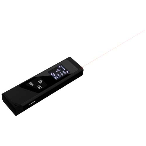 SCX.design T05 Mini-Laser-Entfernungsmesser in Schwarz mit Display, individuell bedruckbar, Signalshop.de Werbeartikel.
