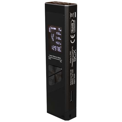 SCX.design T05 Mini-Laser-Entfernungsmesser in Schwarz, individuell gestaltbar, von Signalshop.de als Werbeartikel.