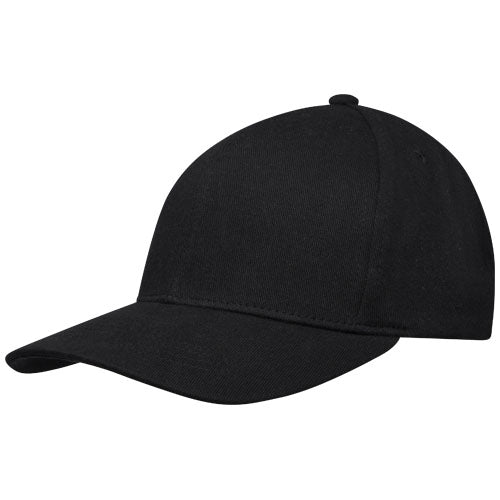 Schwarze recycelte Kappe mit sechs Segmenten, individuell gestaltbar, von Signalshop.de; Werbeartikel, nachhaltig.