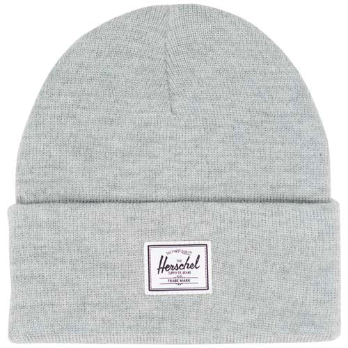 Graue Herschel Elmer Mütze aus Strick mit Logoaufnäher, individuell gestaltbar über Signalshop.de für Werbeartikel, Werbegeschenke, Werbemittel, Giveaway.