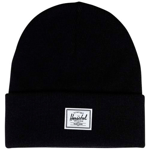 Schwarze Herschel Elmer Mütze mit Logo-Aufnäher, individuell gestaltbar bei Signalshop.de, Werbeartikel.