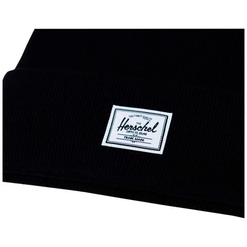 Herschel Elmer Mütze in Schwarz, Beanie aus weichem Material mit Logoetikett, individualisierbar, Signalshop.de Werbeartikel