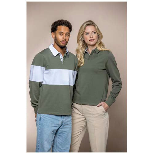 Unisex Clyde Rugby Polo Sweatshirt aus Bio-Material, grün-weiß, individuell mit Logo bedruckbar, Signalshop.de Werbeartikel.