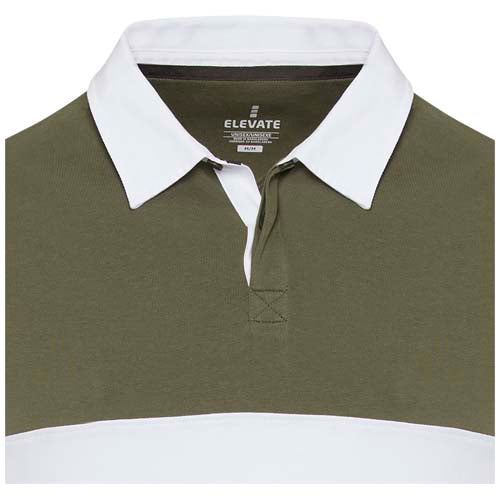 Clyde Rugby Polo Sweatshirt Unisex in Olivgrün mit weißem Kragen, individuell gestaltbar bei Signalshop.de, ideal als Werbeartikel, Werbegeschenke, Werbemittel, Giveaway.