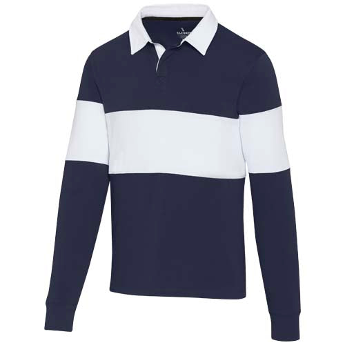 Unisex Clyde Rugby Polo Sweatshirt in Blau-Weiß, individuell gestaltbar, erhältlich bei Signalshop.de. Werbeartikel, Werbegeschenke, Werbemittel, Giveaway.